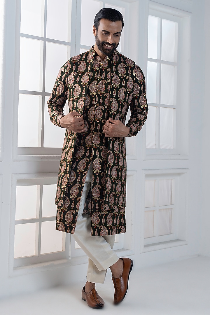 Olive Green Viscose Printed Layered Jacket Set by AJAY KMR at Pernia's Pop Up Shop