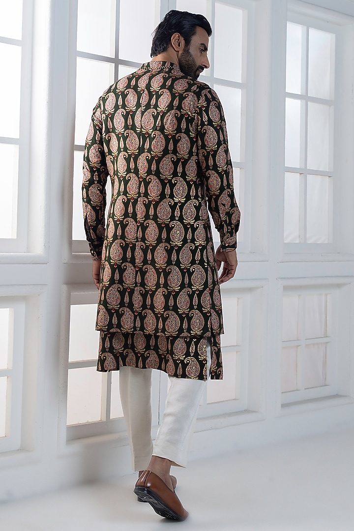 Olive Green Viscose Printed Layered Jacket Set by AJAY KMR at Pernia's Pop Up Shop