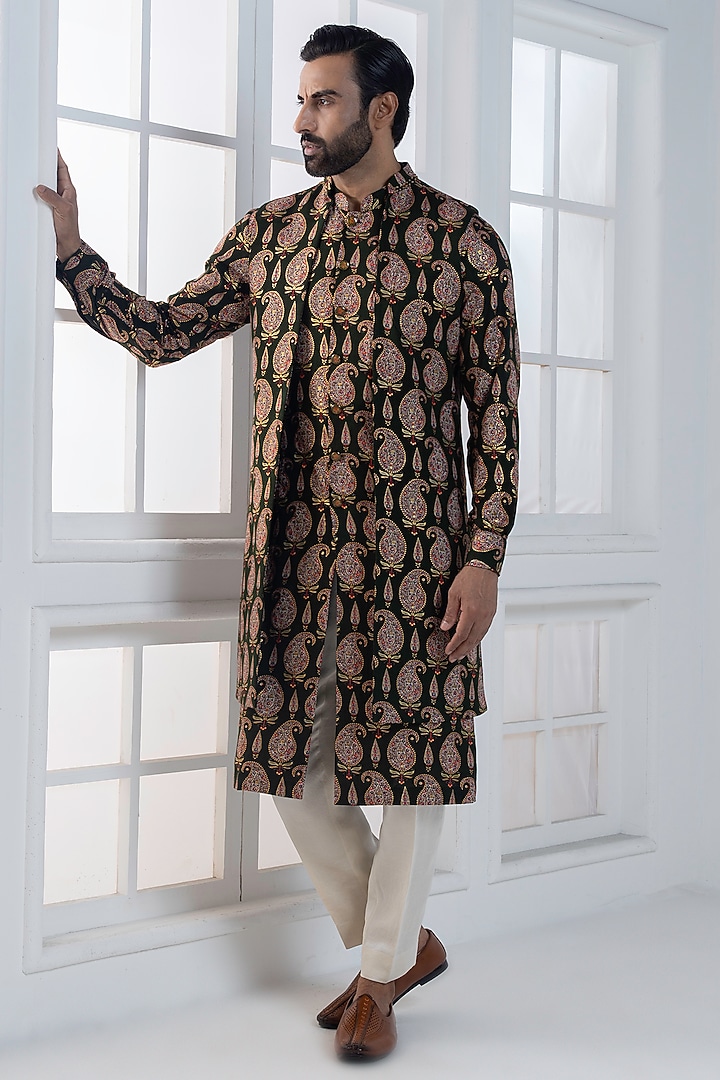 Olive Green Viscose Printed Layered Jacket Set by AJAY KMR at Pernia's Pop Up Shop