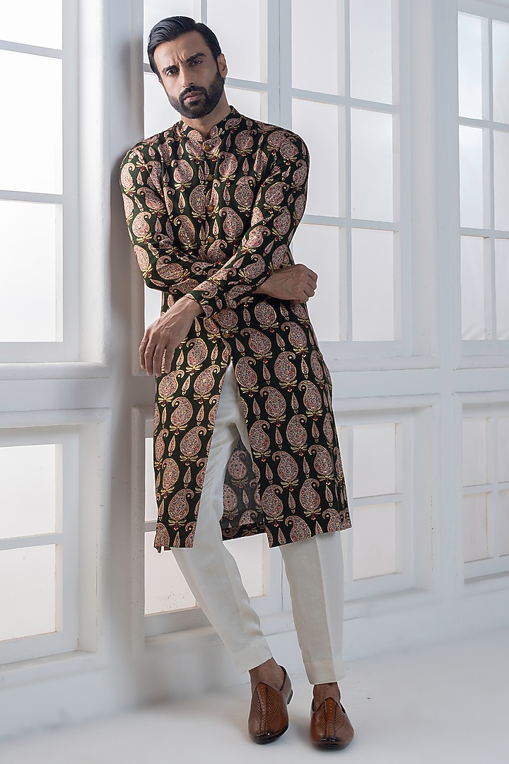 Olive Green Viscose Printed Layered Jacket Set by AJAY KMR at Pernia's Pop Up Shop