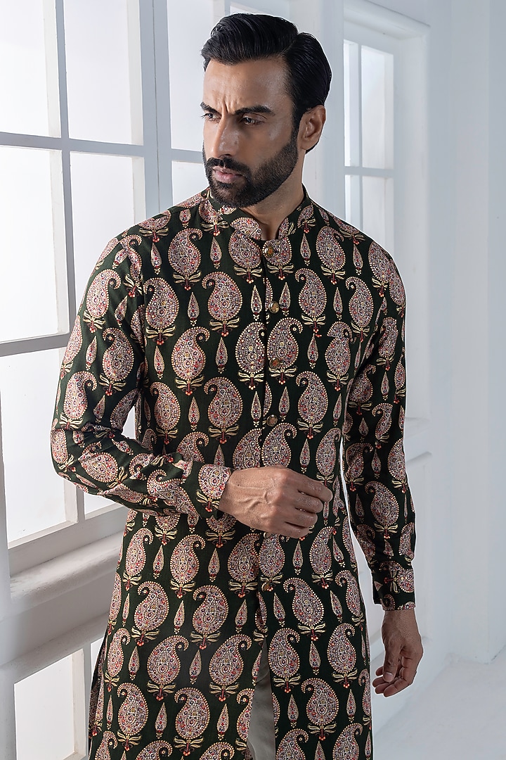 Olive Green Viscose Printed Layered Jacket Set by AJAY KMR at Pernia's Pop Up Shop
