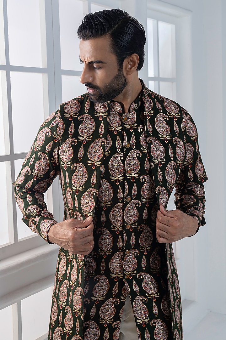 Olive Green Viscose Printed Layered Jacket Set by AJAY KMR at Pernia's Pop Up Shop