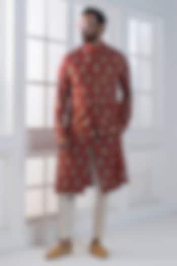 Red Viscose Printed Layered Nehru Jacket Set by AJAY KMR at Pernia's Pop Up Shop