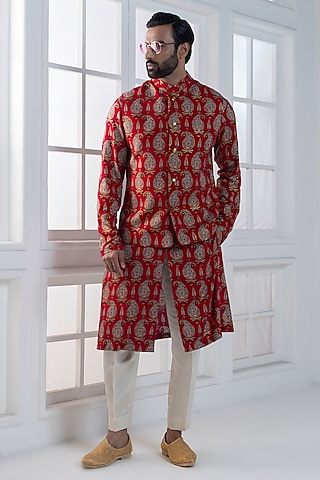 Red Viscose Printed Layered Nehru Jacket Set by AJAY KMR