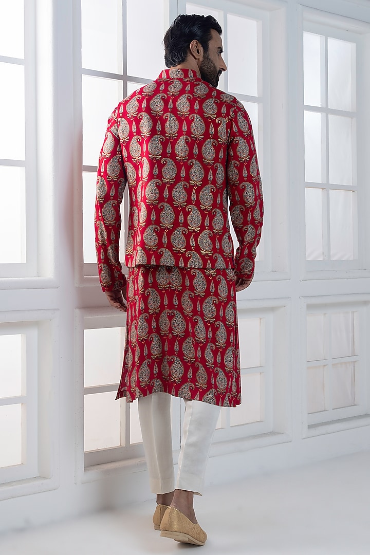 Red Viscose Printed Layered Nehru Jacket Set by AJAY KMR at Pernia's Pop Up Shop