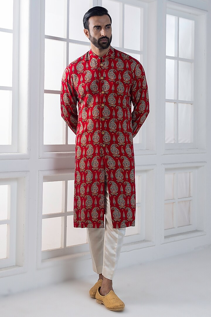 Red Viscose Printed Layered Nehru Jacket Set by AJAY KMR at Pernia's Pop Up Shop