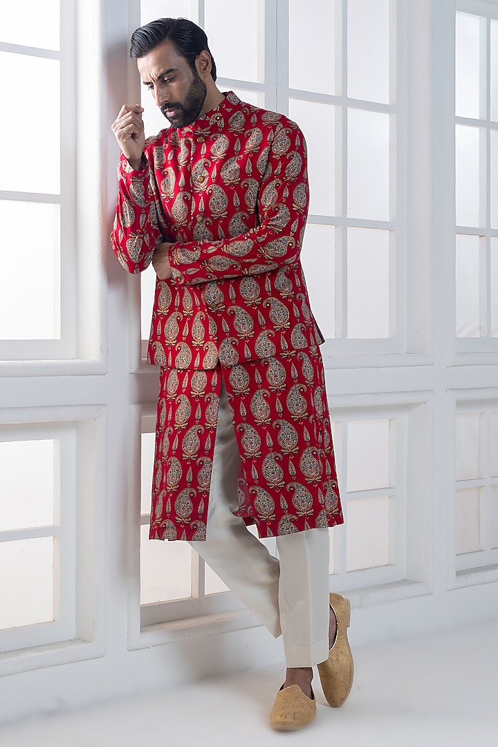 Red Viscose Printed Layered Nehru Jacket Set by AJAY KMR at Pernia's Pop Up Shop