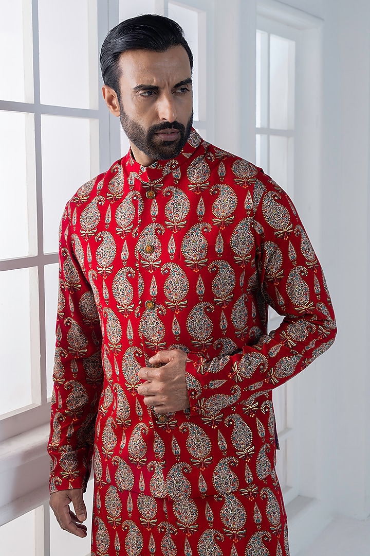 Red Viscose Printed Layered Nehru Jacket Set by AJAY KMR at Pernia's Pop Up Shop