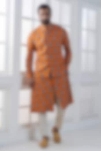 Yellow Viscose Printed Layered nehru Jacket Set by AJAY KMR at Pernia's Pop Up Shop