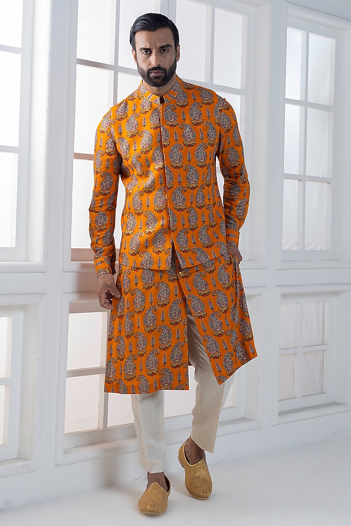 Yellow Viscose Printed Layered nehru Jacket Set by AJAY KMR at Pernia's Pop Up Shop