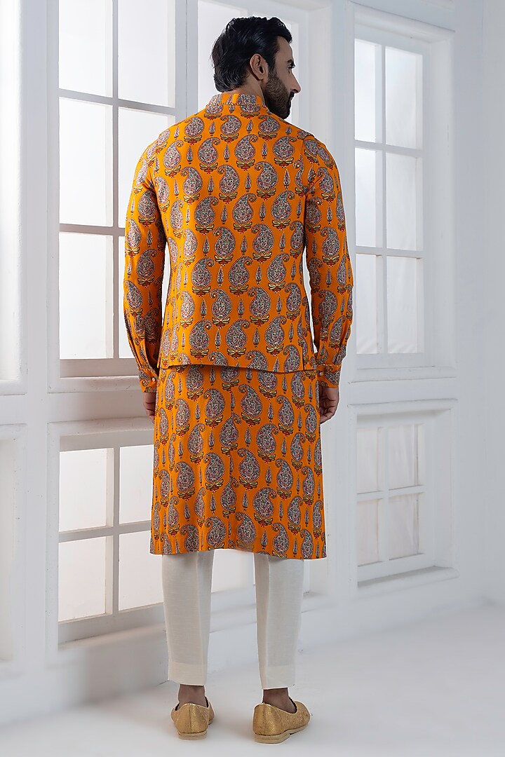 Yellow Viscose Printed Layered nehru Jacket Set by AJAY KMR at Pernia's Pop Up Shop