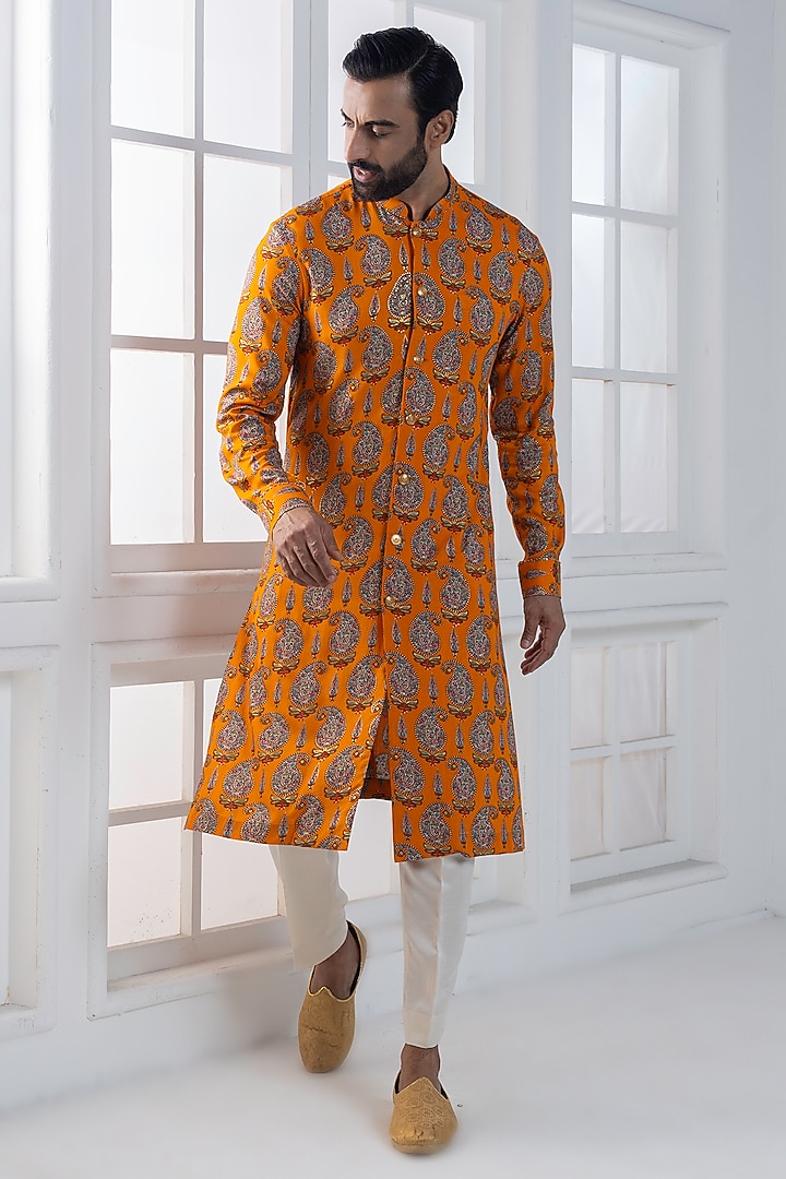 Yellow Viscose Printed Layered nehru Jacket Set by AJAY KMR at Pernia's Pop Up Shop