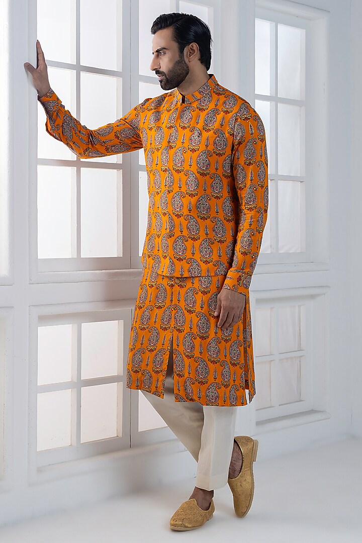 Yellow Viscose Printed Layered nehru Jacket Set by AJAY KMR at Pernia's Pop Up Shop