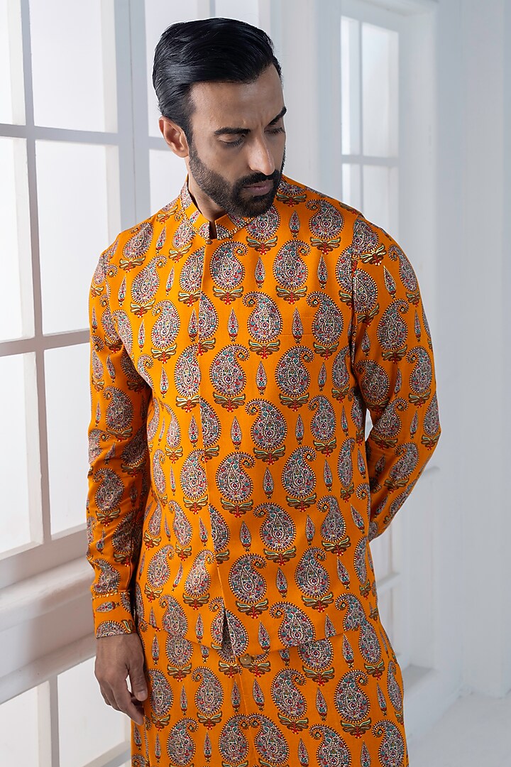 Yellow Viscose Printed Layered nehru Jacket Set by AJAY KMR at Pernia's Pop Up Shop