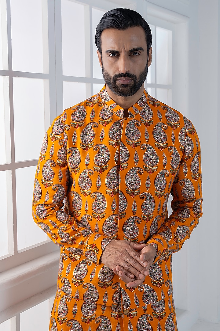 Yellow Viscose Printed Layered nehru Jacket Set by AJAY KMR at Pernia's Pop Up Shop