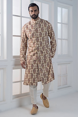 Beige Viscose Printed Layered Jacket Set by AJAY KMR