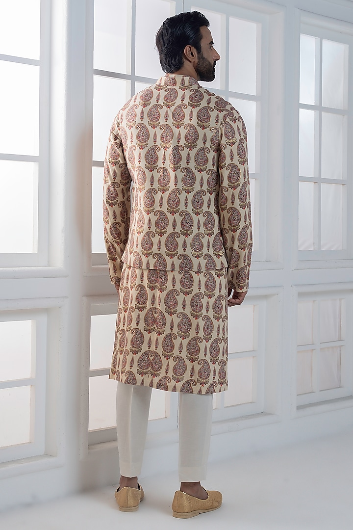 Beige Viscose Printed Layered Jacket Set by AJAY KMR at Pernia's Pop Up Shop