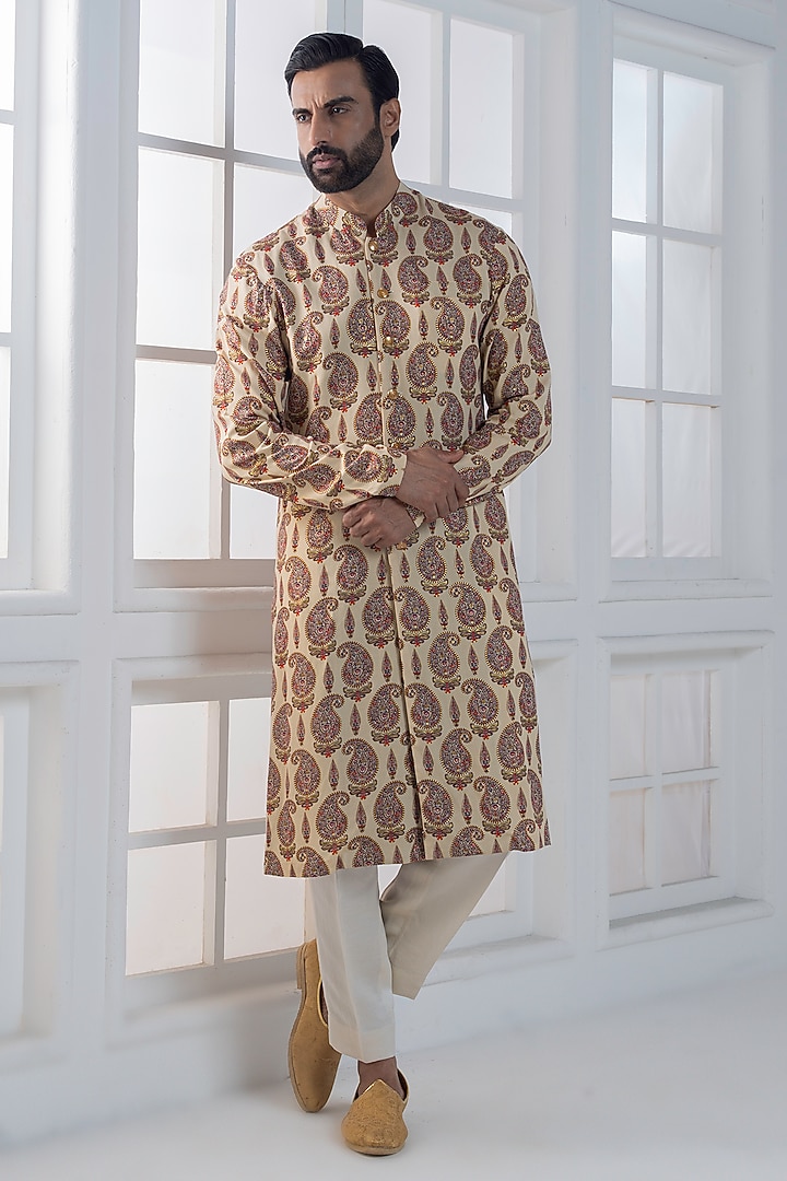 Beige Viscose Printed Layered Jacket Set by AJAY KMR at Pernia's Pop Up Shop