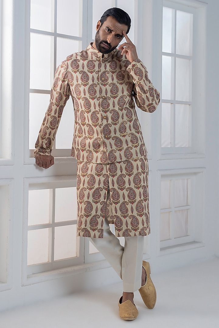 Beige Viscose Printed Layered Jacket Set by AJAY KMR at Pernia's Pop Up Shop