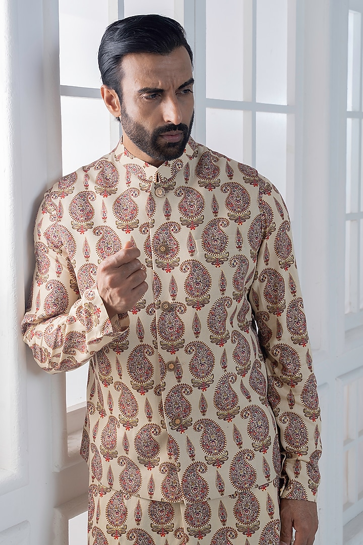 Beige Viscose Printed Layered Jacket Set by AJAY KMR at Pernia's Pop Up Shop