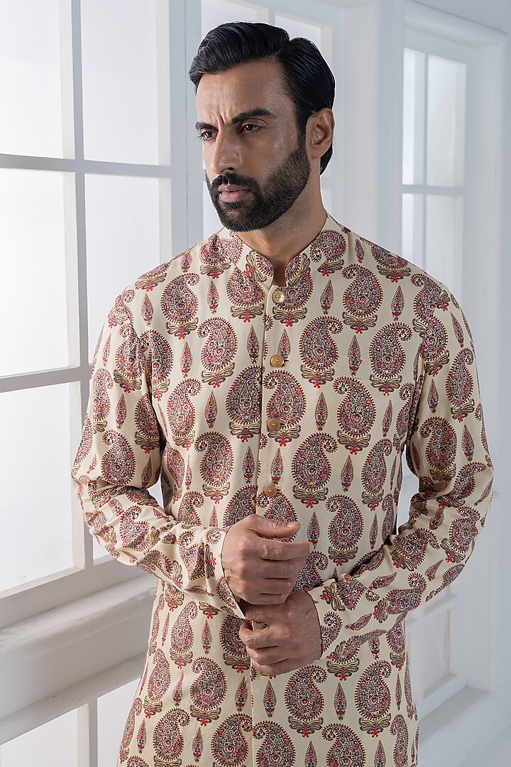 Beige Viscose Printed Layered Jacket Set by AJAY KMR at Pernia's Pop Up Shop