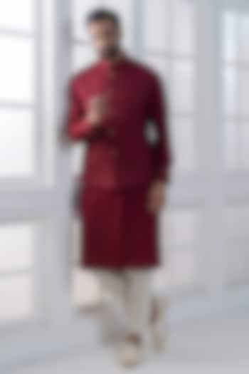 Maroon Cotton Silk Embellished Jacket Set by AJAY KMR at Pernia's Pop Up Shop