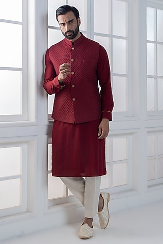 Maroon Cotton Silk Embellished Jacket Set by AJAY KMR