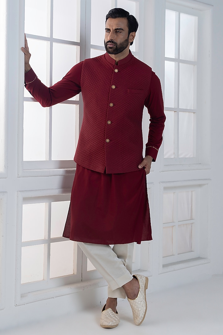 Maroon Cotton Silk Embellished Jacket Set by AJAY KMR at Pernia's Pop Up Shop