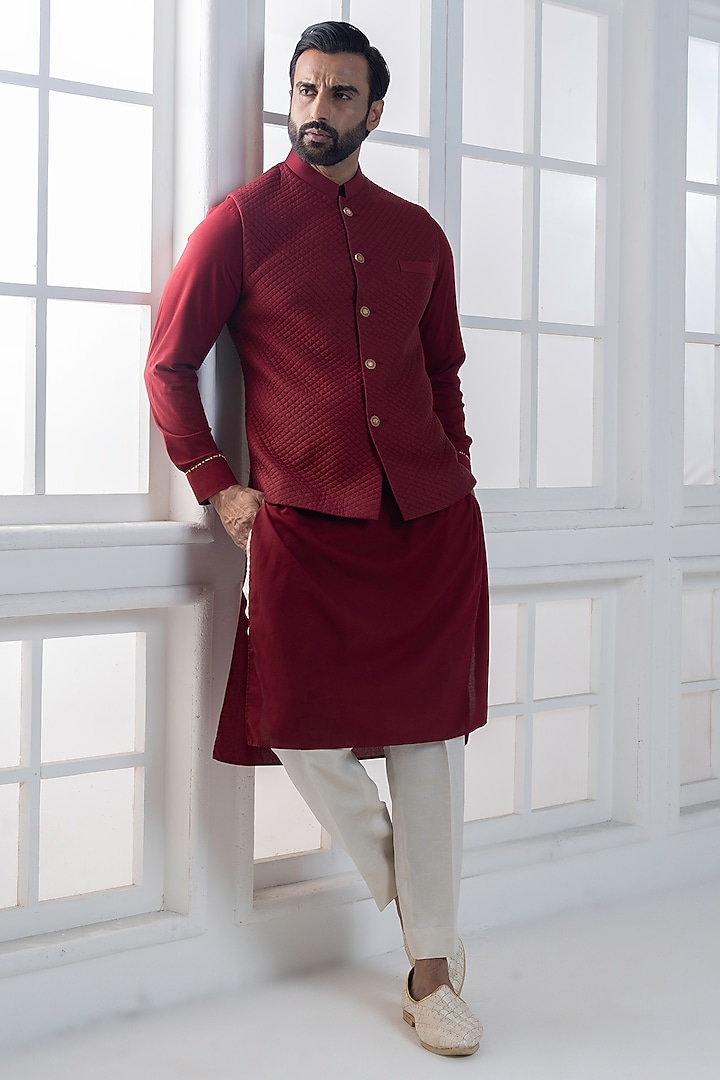 Maroon Cotton Silk Embellished Jacket Set by AJAY KMR at Pernia's Pop Up Shop