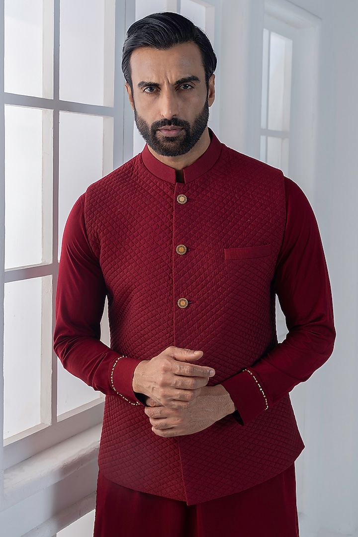 Maroon Cotton Silk Embellished Jacket Set by AJAY KMR at Pernia's Pop Up Shop