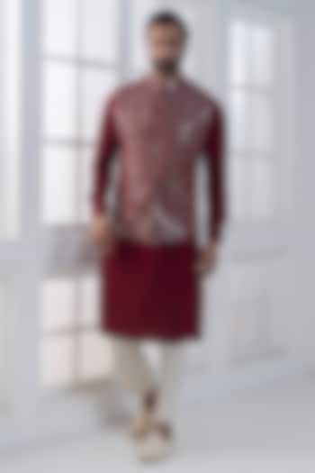 Maroon Sequins & Cotton Satin Embellished Nehru Jacket Set by AJAY KMR at Pernia's Pop Up Shop
