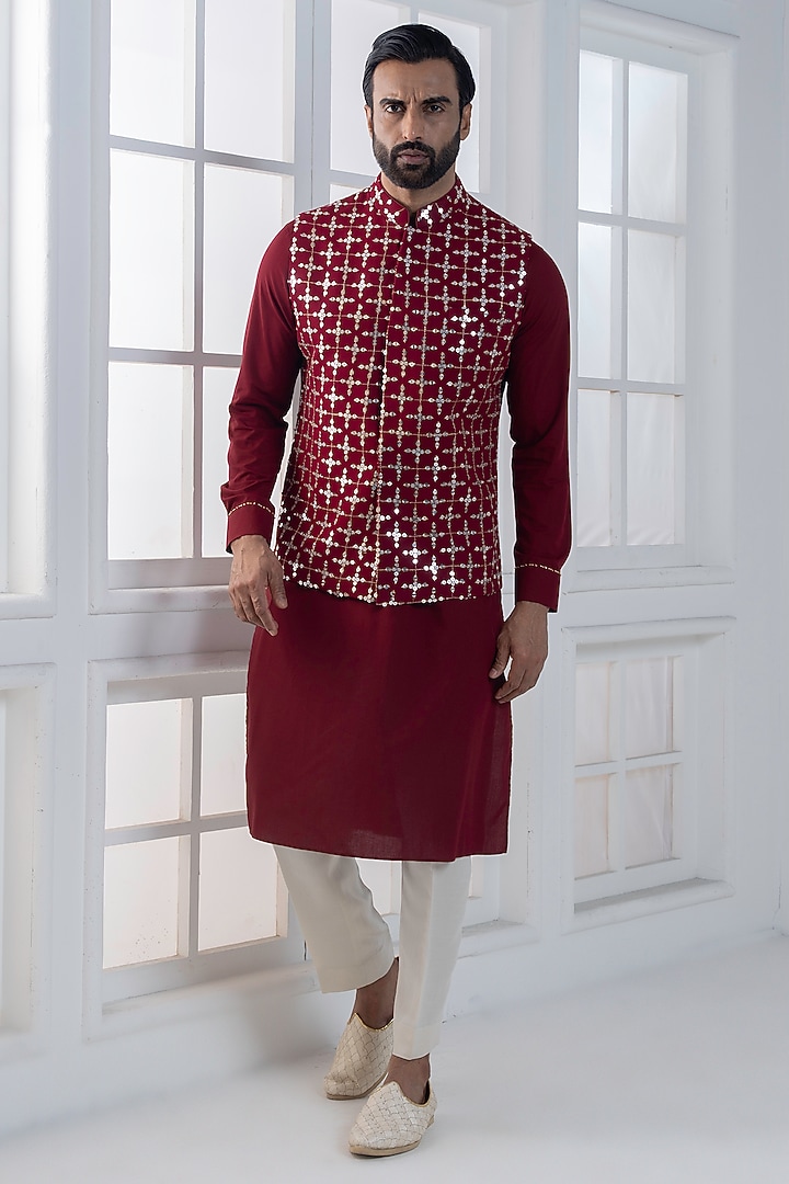 Maroon Sequins & Cotton Satin Embellished Nehru Jacket Set by AJAY KMR at Pernia's Pop Up Shop