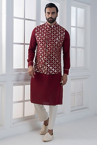 Maroon Sequins & Cotton Satin Embellished Nehru Jacket Set by AJAY KMR