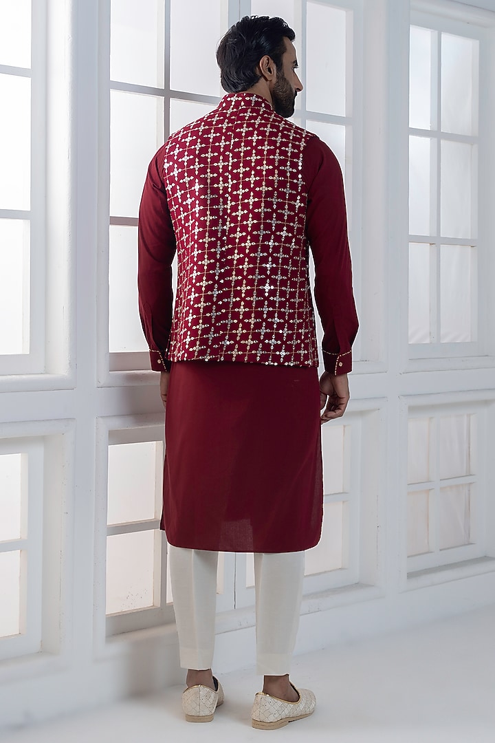 Maroon Sequins & Cotton Satin Embellished Nehru Jacket Set by AJAY KMR at Pernia's Pop Up Shop