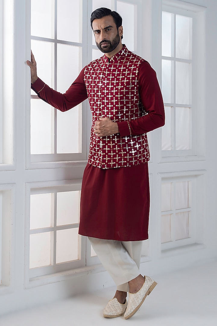 Maroon Sequins & Cotton Satin Embellished Nehru Jacket Set by AJAY KMR at Pernia's Pop Up Shop