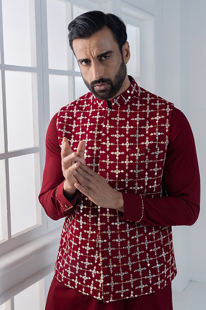 Maroon Sequins & Cotton Satin Embellished Nehru Jacket Set by AJAY KMR at Pernia's Pop Up Shop