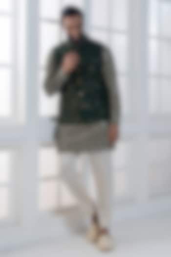 Bottle Green Sequins & Cotton Satin Embellished Nehru Jacket Set by AJAY KMR at Pernia's Pop Up Shop