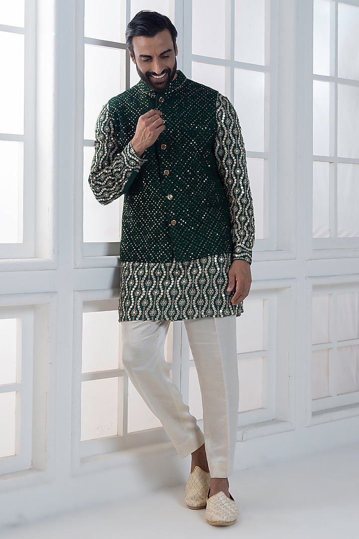 Bottle Green Sequins & Cotton Satin Embellished Nehru Jacket Set by AJAY KMR at Pernia's Pop Up Shop
