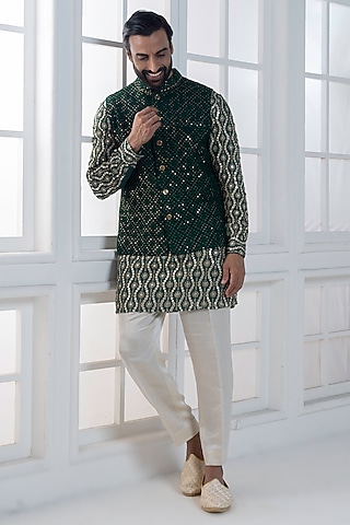 Bottle Green Sequins & Cotton Satin Embellished Nehru Jacket Set by AJAY KMR