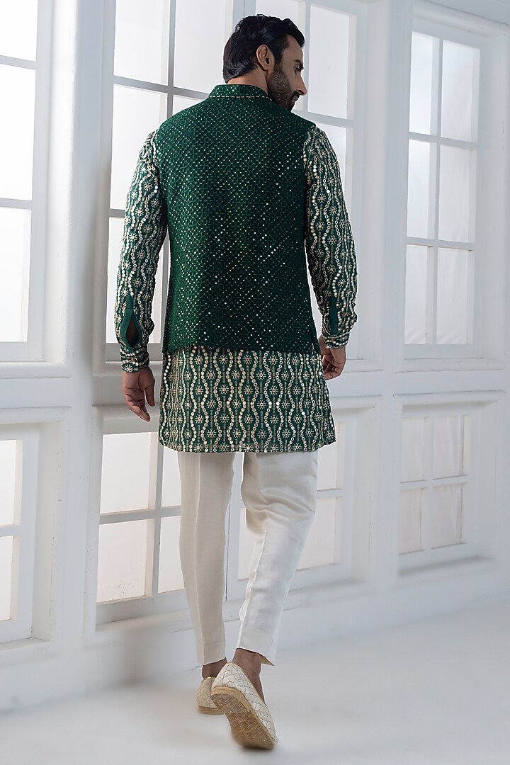 Bottle Green Sequins & Cotton Satin Embellished Nehru Jacket Set by AJAY KMR at Pernia's Pop Up Shop