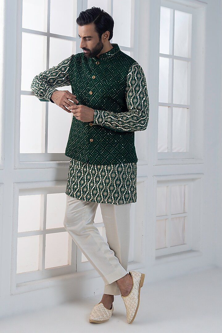 Bottle Green Sequins & Cotton Satin Embellished Nehru Jacket Set by AJAY KMR at Pernia's Pop Up Shop