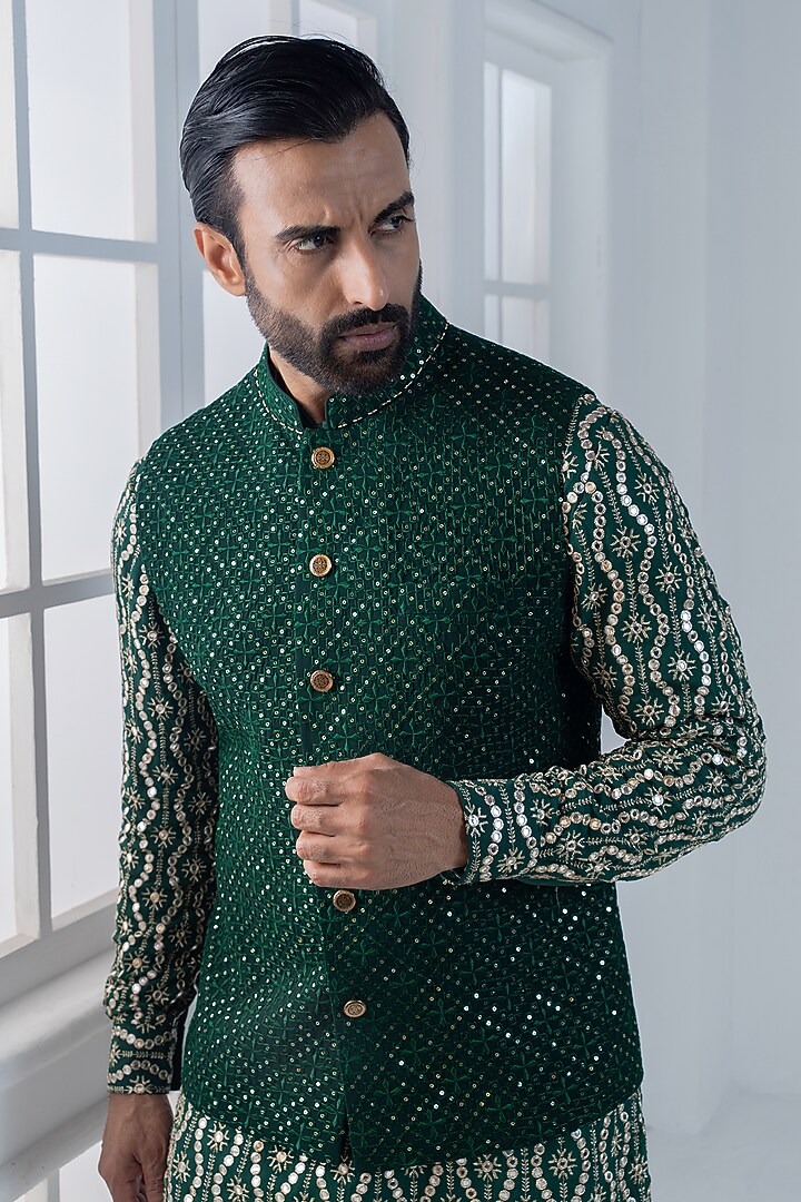 Bottle Green Sequins & Cotton Satin Embellished Nehru Jacket Set by AJAY KMR at Pernia's Pop Up Shop
