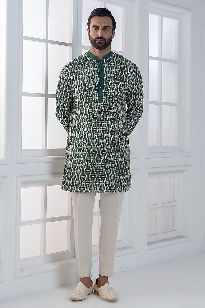 Bottle Green Sequins & Cotton Satin Embellished Kurta Set by AJAY KMR at Pernia's Pop Up Shop