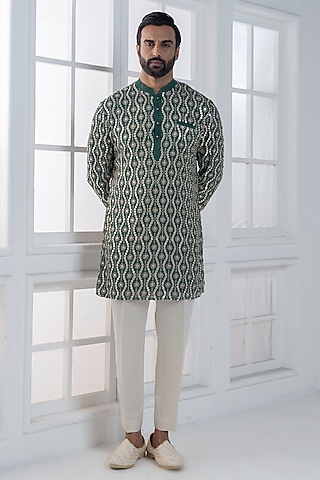 Bottle Green Sequins & Cotton Satin Embellished Kurta Set by AJAY KMR