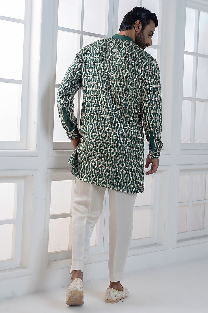 Bottle Green Sequins & Cotton Satin Embellished Kurta Set by AJAY KMR at Pernia's Pop Up Shop