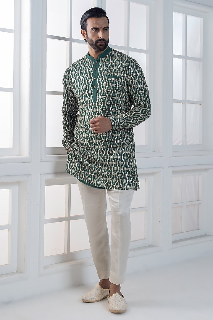 Bottle Green Sequins & Cotton Satin Embellished Kurta Set by AJAY KMR at Pernia's Pop Up Shop