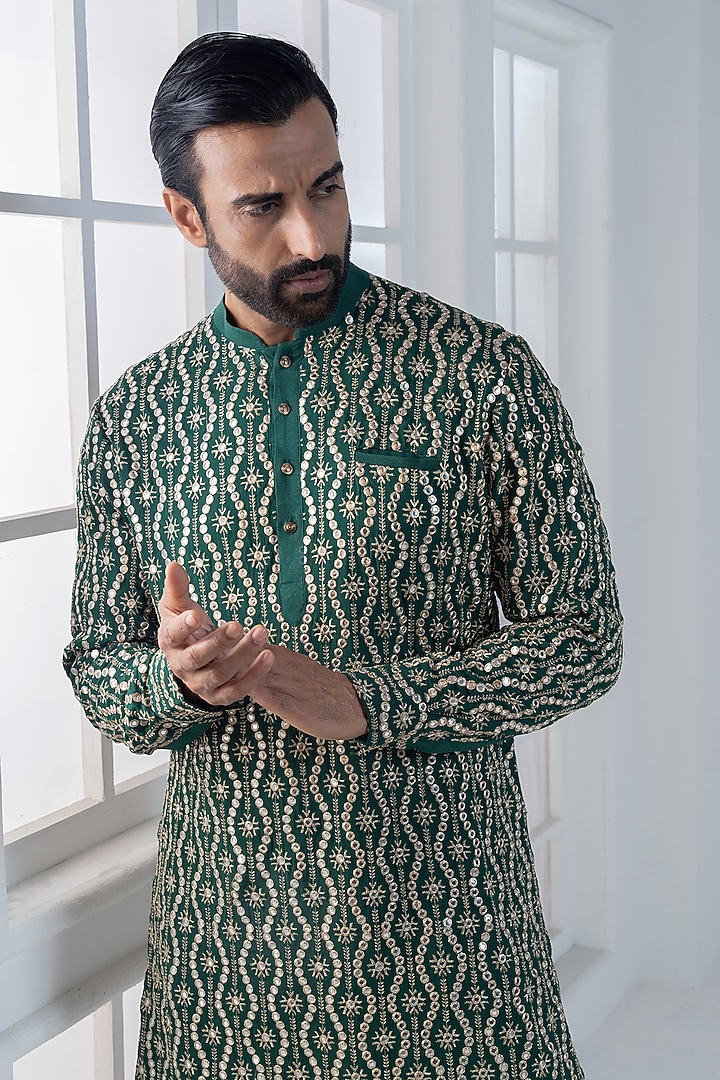 Bottle Green Sequins & Cotton Satin Embellished Kurta Set by AJAY KMR at Pernia's Pop Up Shop