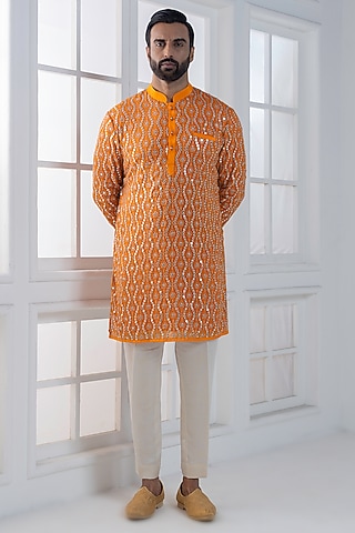 Orange Sequins & Cotton Satin Embellished Kurta Set by AJAY KMR