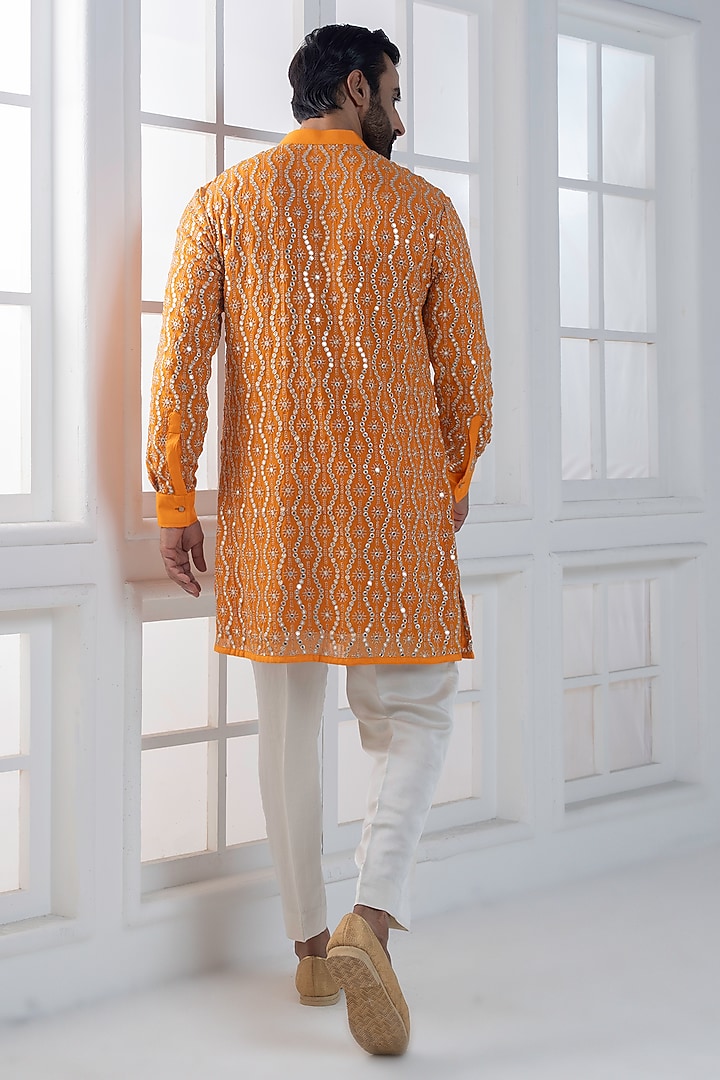 Orange Sequins & Cotton Satin Embellished Kurta Set by AJAY KMR at Pernia's Pop Up Shop