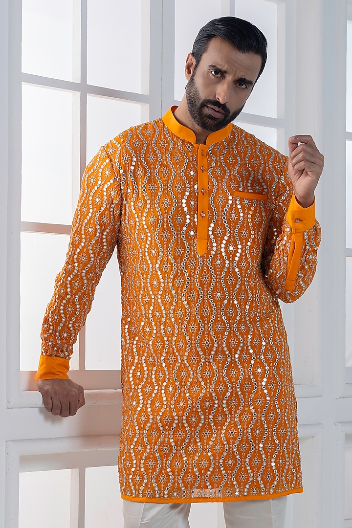 Orange Sequins & Cotton Satin Embellished Kurta Set by AJAY KMR at Pernia's Pop Up Shop